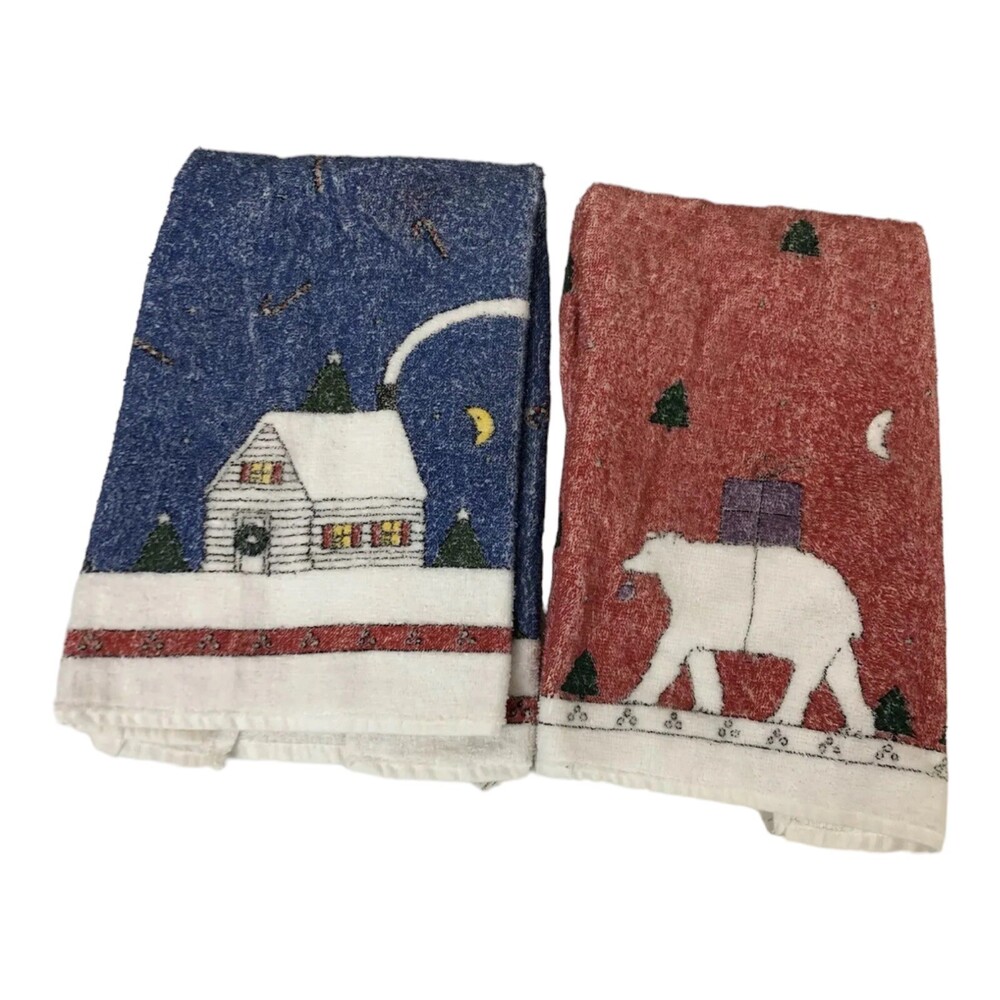 VTG Fine Fashion Towels Set 2 Christmas Polar Bear Snowy Cabin Hand Towels USA